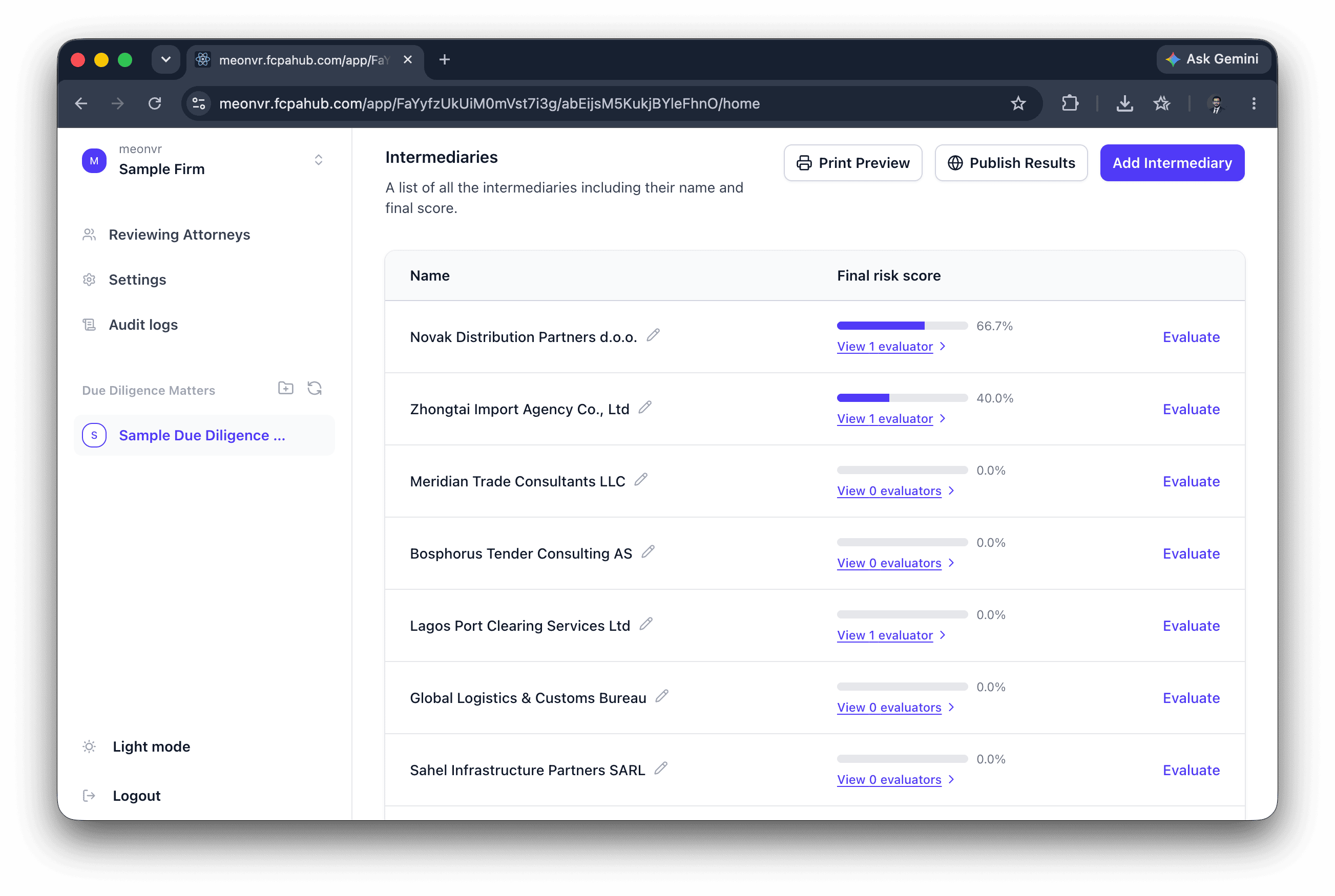 FCPAHub intermediaries dashboard showing every third party's final risk score