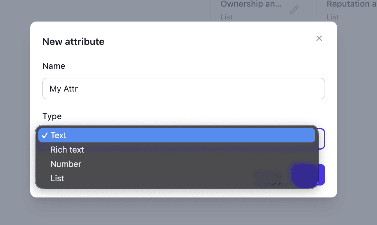 New attribute dialog for defining a custom risk field and its type
