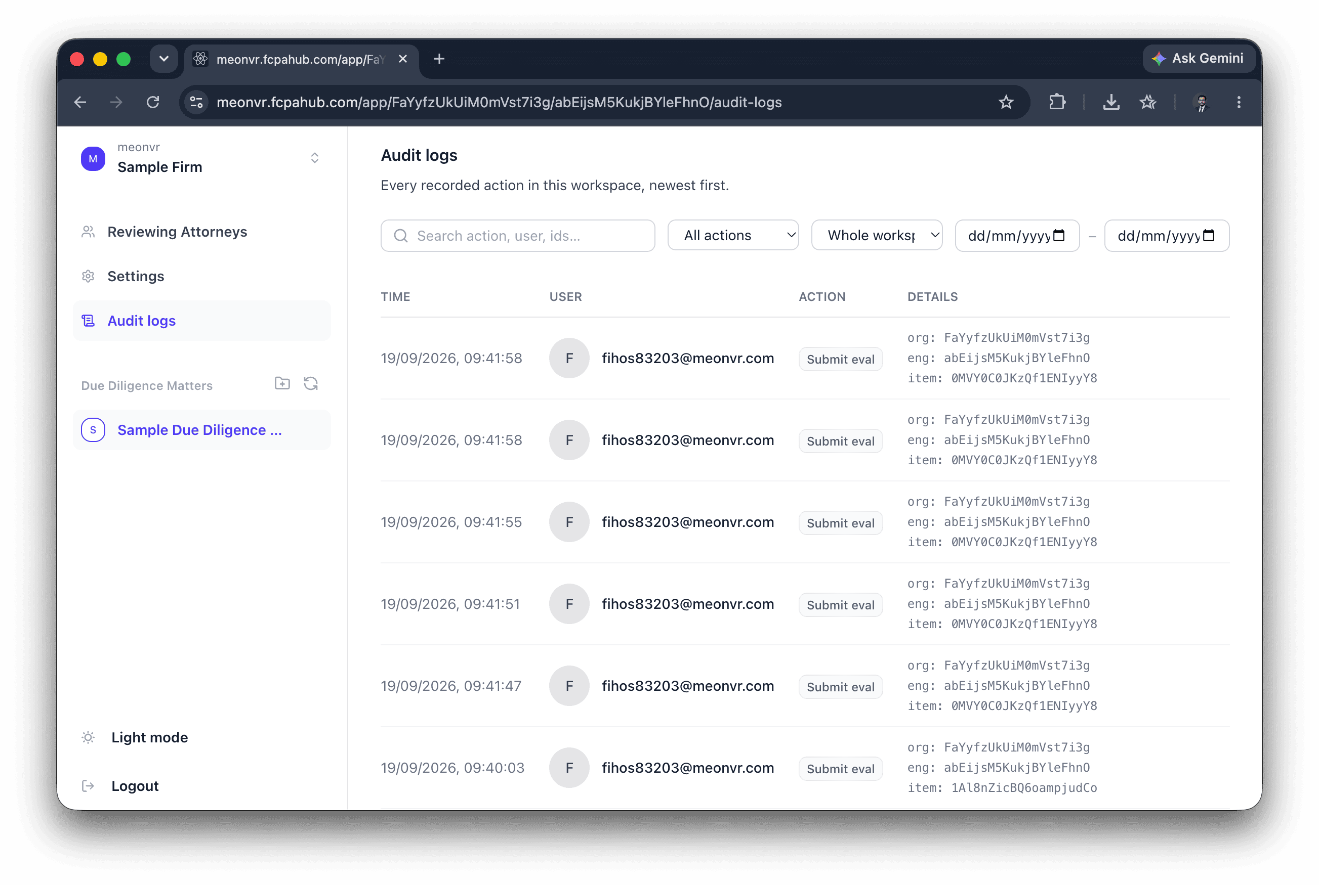 Audit log screen listing every recorded action in the workspace, newest first